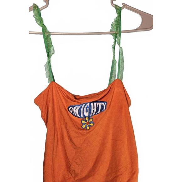 O'Mighty Orange Camisole Cropped Tank Top with Green Ruffle Straps Size Large - Picture 1 of 9